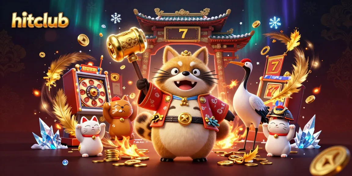 Experience excitement at hitclub with cheerful tanuki and lucky symbols in a thrilling casino scene.