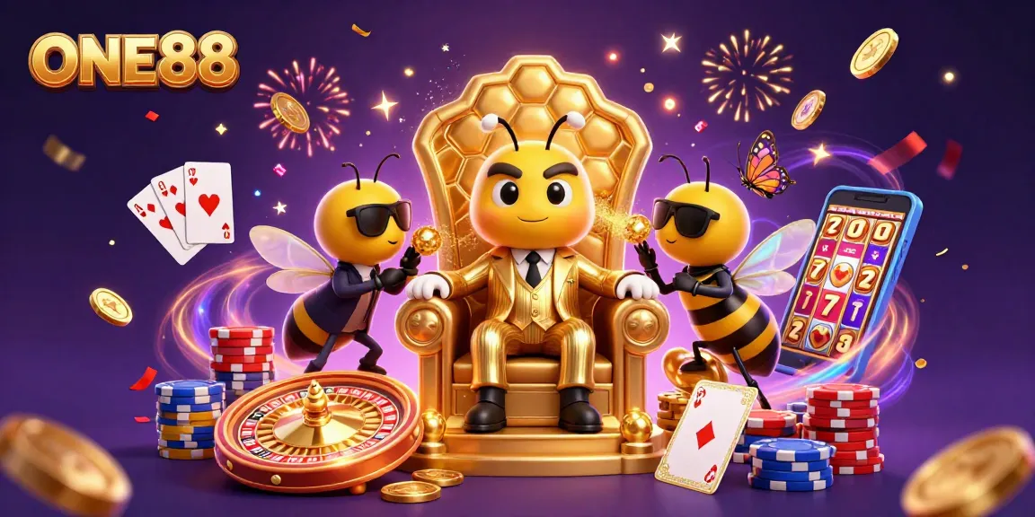 ONE88 features a vibrant illustration of a bumblebee mob boss amidst cascading coins and roulette elements.