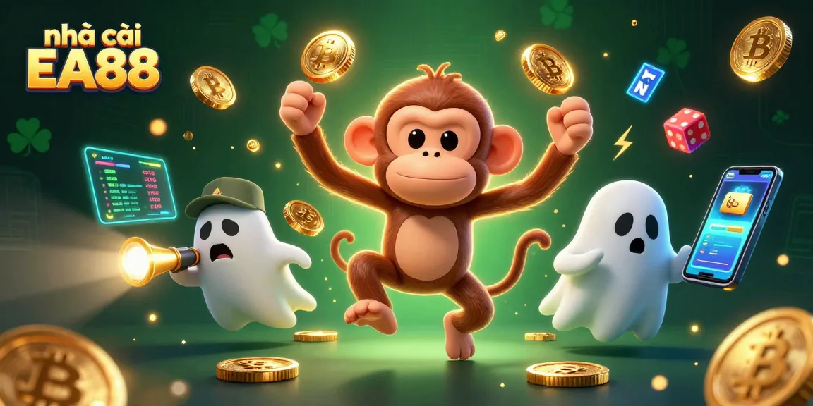 Engage with nhà cái EA88, featuring a playful monkey and curious puppy in a dynamic casino scene.