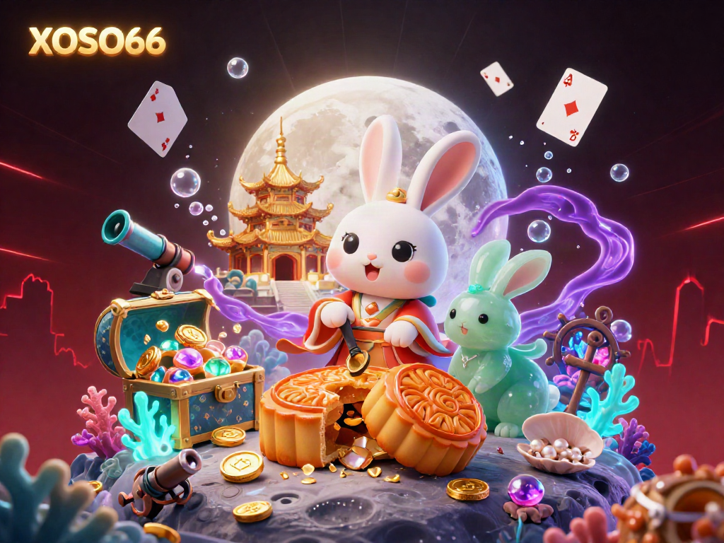 XOSO66 showcases a vibrant 3D casino scene with moon rabbits and poker chips celebrating thrilling gameplay.