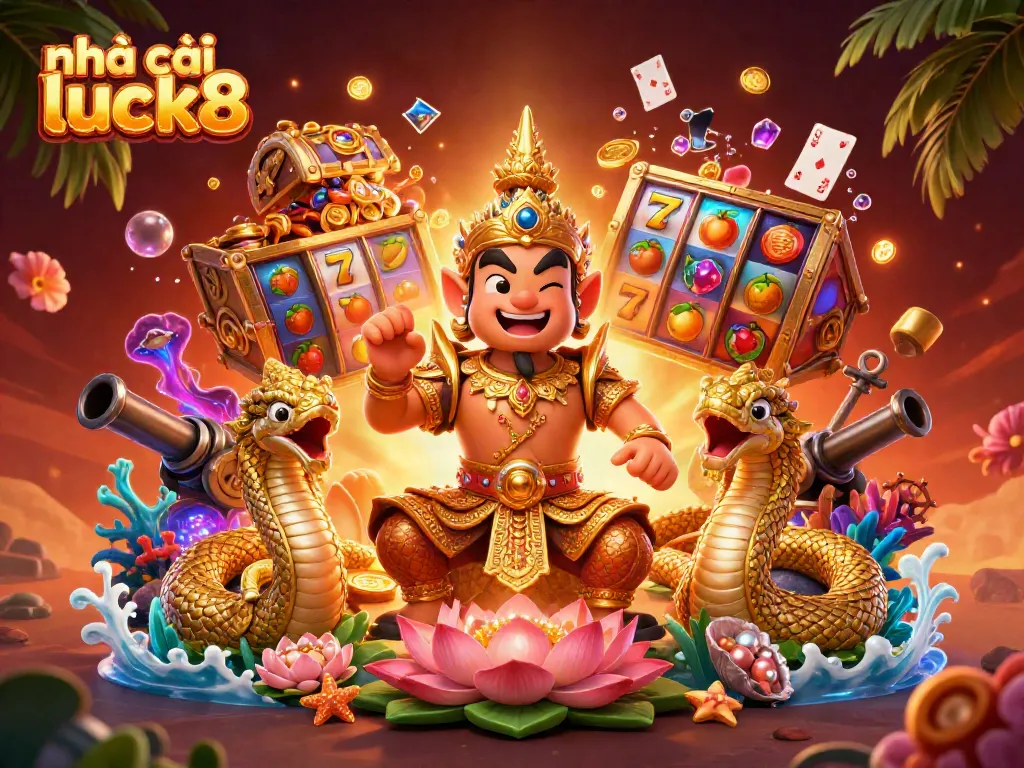 Experience the thrill of nhà cái luck8 with vibrant slot reels and festive characters in this engaging casino scene.