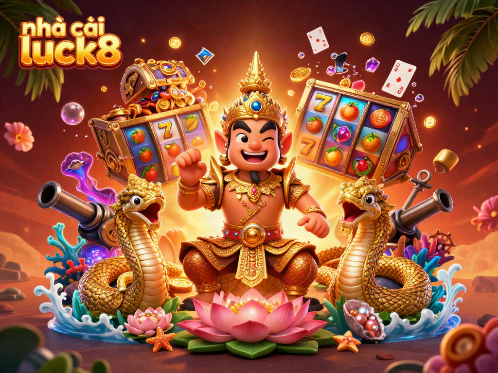 Experience the thrill of nhà cái luck8 with vibrant slot reels and festive characters in this engaging casino scene.
