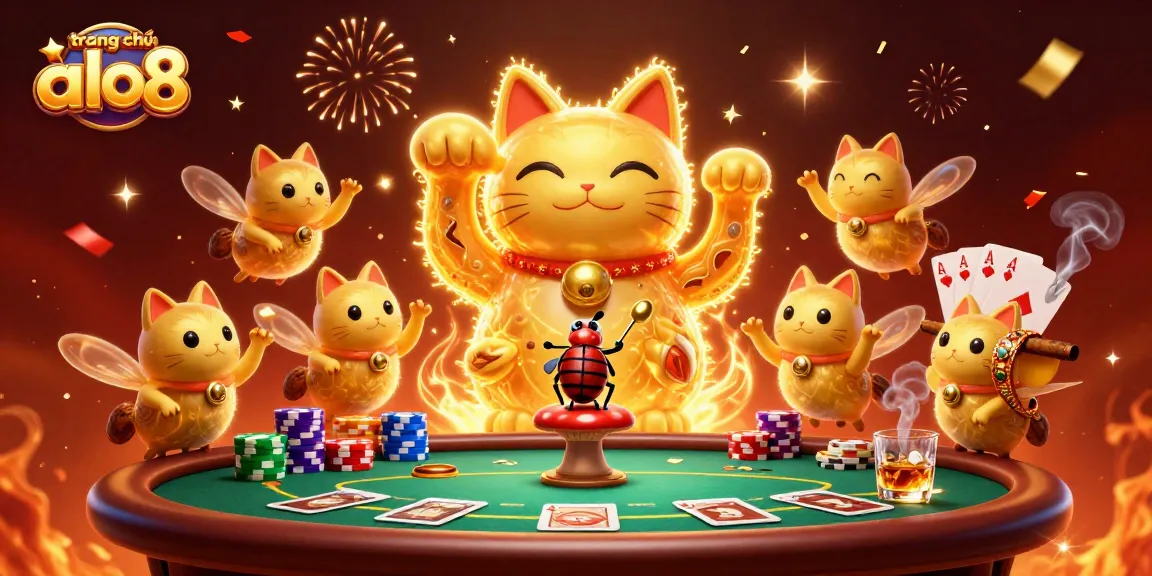 Experience the vibrant atmosphere of trang chủ alo8 with dynamic casino elements and a magical lucky cat.