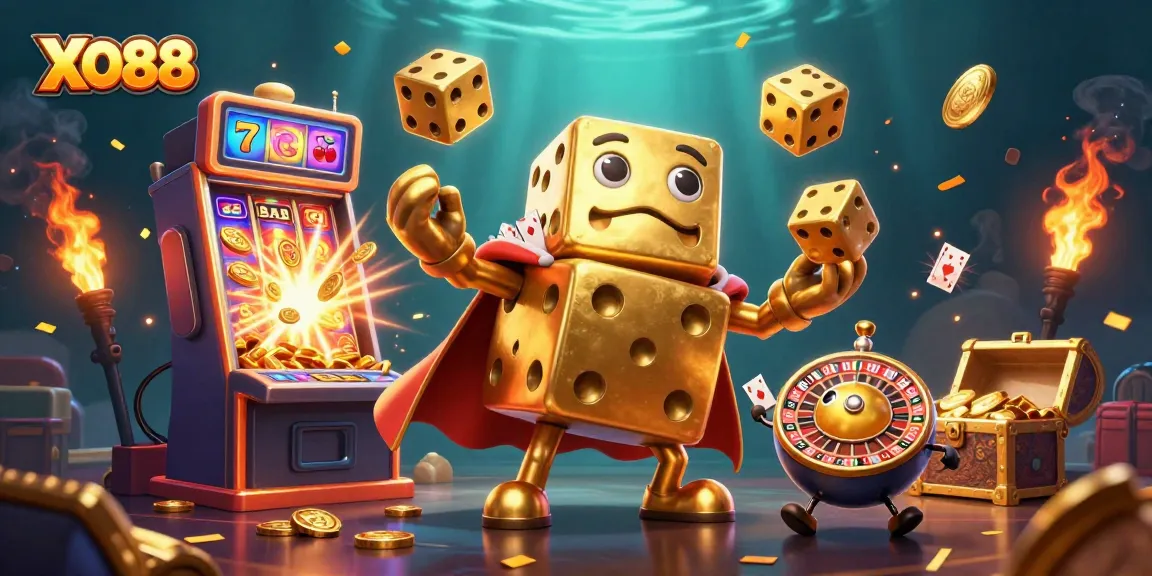 XO88 showcases vibrant gaming elements with golden dice, slot machines, and dynamic casino action