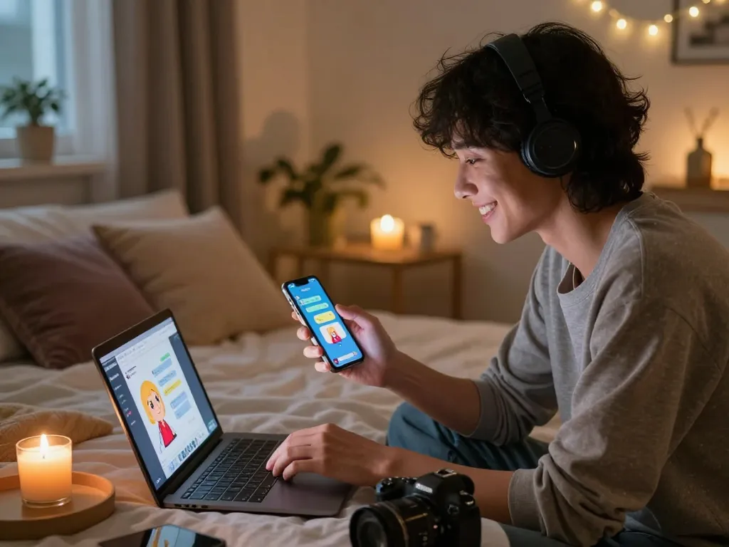 Engaging in sexting AI chats in a cozy bedroom with ambient lighting.