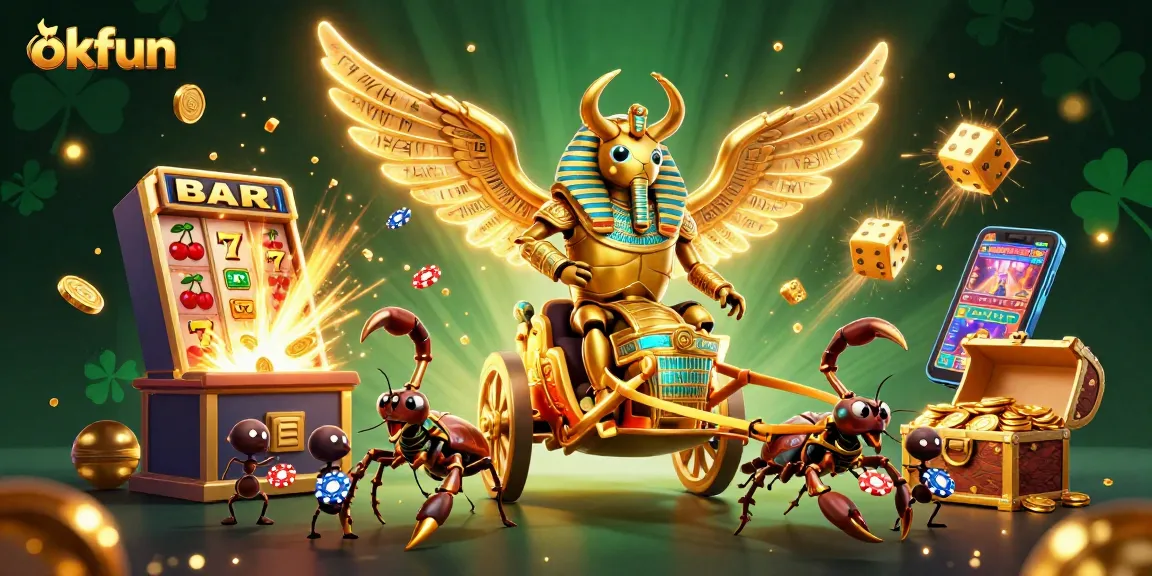 Experience exciting gameplay with okfun, featuring vivid slot machines, golden coins, and lively casino characters.