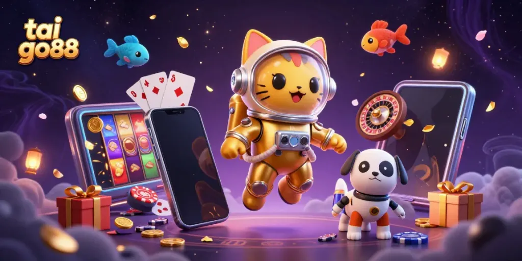 Tai go88 celebrates a thrilling gaming atmosphere with a dynamic scene of a space astronaut cat, showcasing a smartphone with slot games, surrounded by vivid gaming elements.