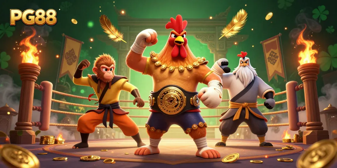 Engage in PG88's vibrant casino atmosphere with a dynamic 3D illustration featuring a Muay Thai rooster.