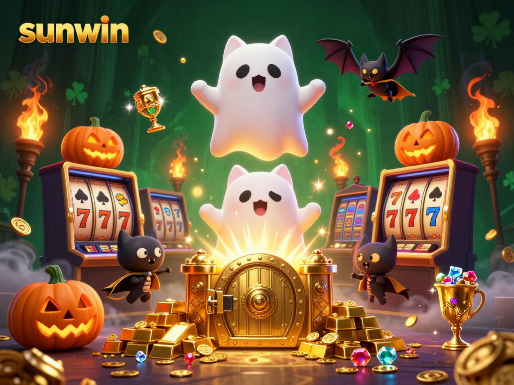Experience the thrilling casino scene with sunwin, featuring a ghost cat and golden treasures.