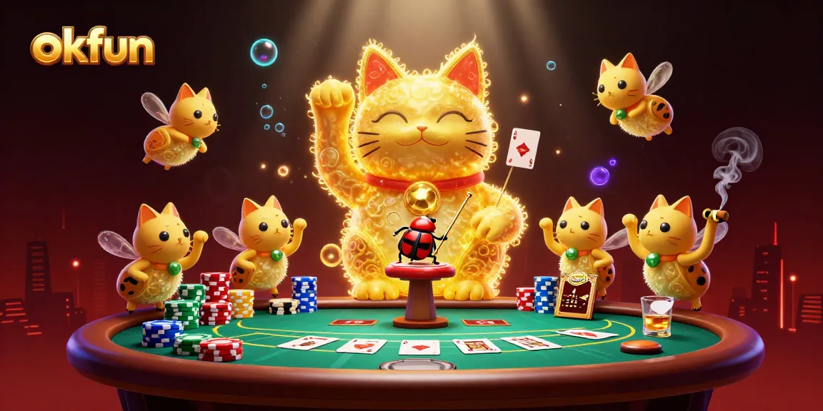 Engage in thrilling gambling adventures with okfun's vibrant casino world illustrated by golden fireflies and dynamic elements.