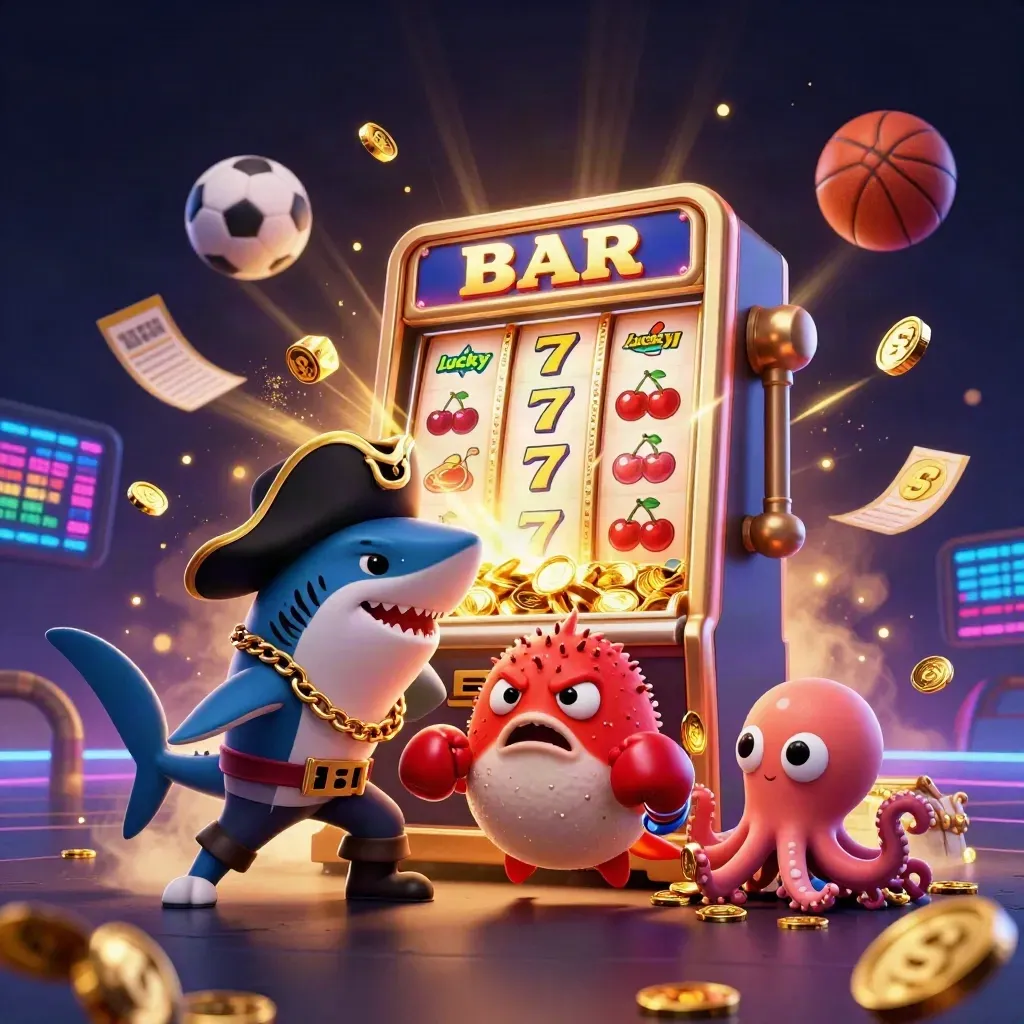 Piratshark, blåsfisk och bläckfisk i neoncasino med flygande mynt och sportbollar.