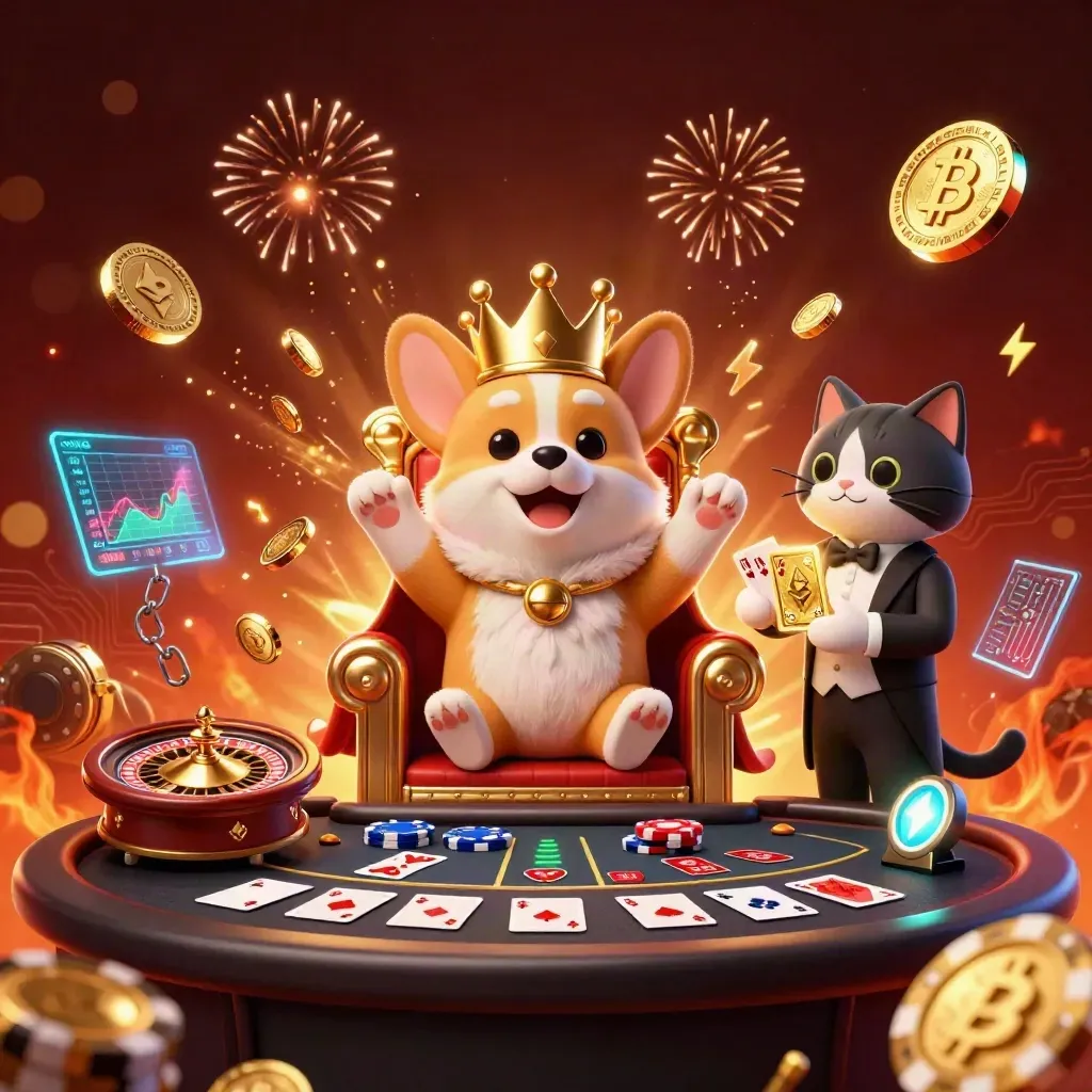Kunglig corgi och kattbutler i guldregn med mynt, kort, roulette och casinoljus.