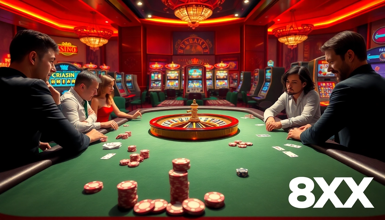 Players enjoying a competitive poker game at 8 XX casino, highlighting excitement and luxury.