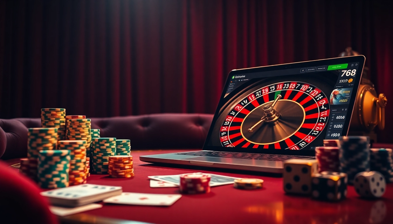 The thrill of gaming at https://78wins.io/ represented by a stylish casino scene with poker chips and roulette.