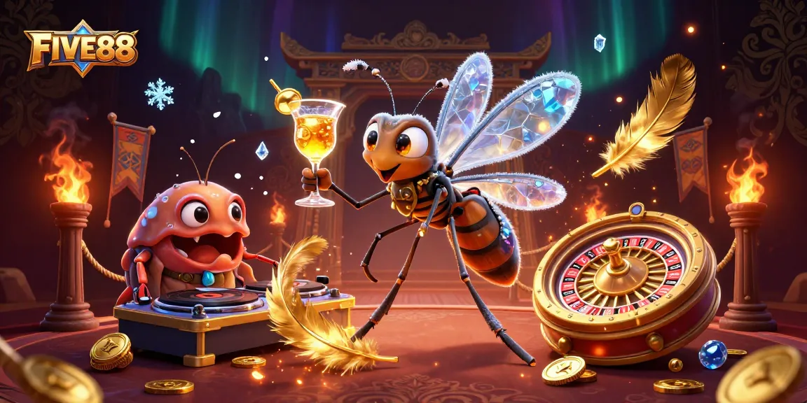 Engage with the vibrant FIVE88 casino scene featuring a unique mascot and dynamic gaming elements.