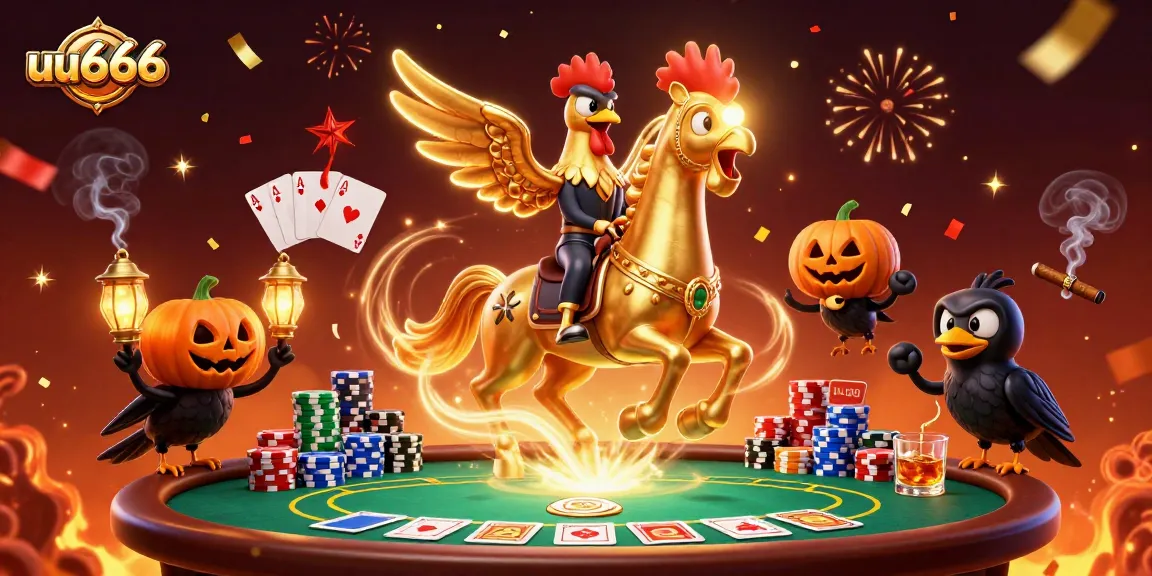 uu666 golden rooster headless horseman riding in a vibrant midnight casino with poker elements.
