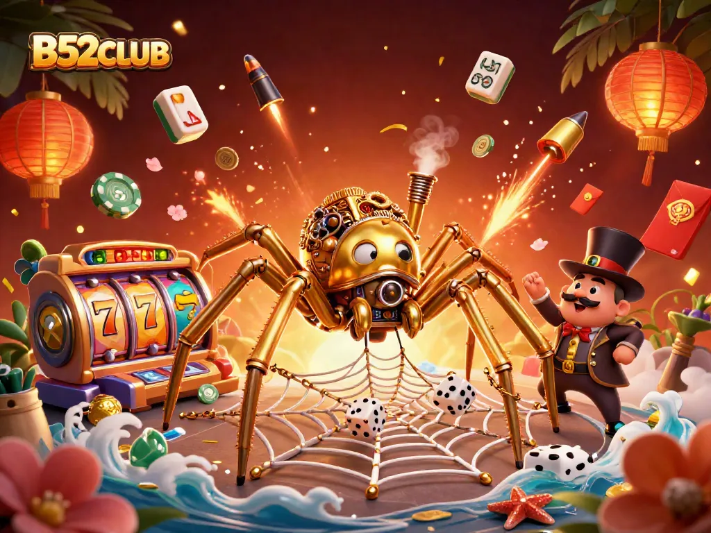 B52CLUB's engaging 3D rendering features a golden spider and Victorian fly gentleman amidst vibrant slots and casino elements.