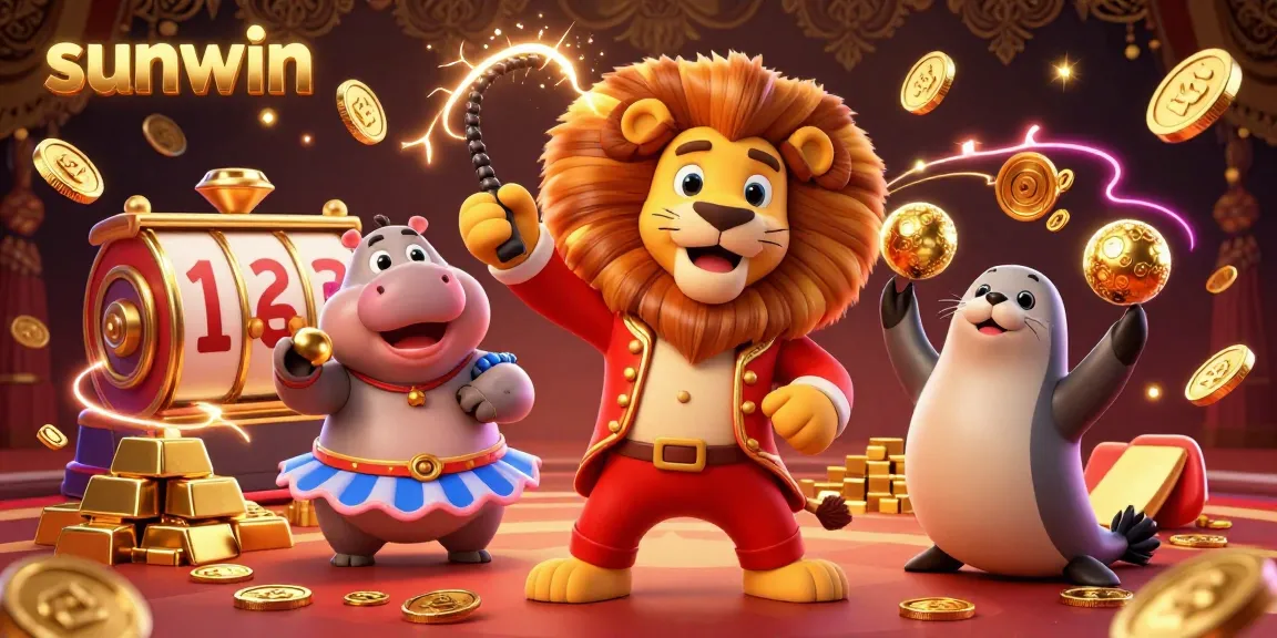 Sunwin elevates excitement with a 3D casino illustration showcasing a circus lion, a hippo, and a seal surrounded by vibrant gaming elements.