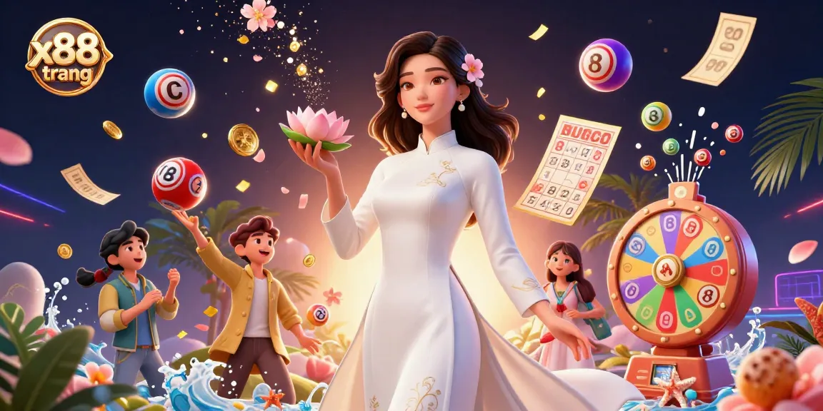 X88 trang showcases a vibrant gambling scene with lottery elements and an elegant lotus-holding woman.