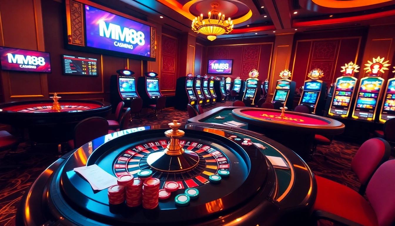 A thrilling casino atmosphere featuring slot machines and a poker table, highlighting mm88 com betting excitement.