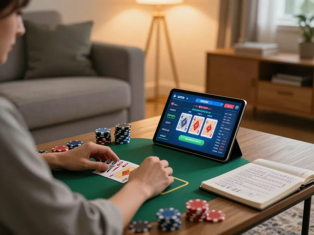 Engaged in poker gameplay on Trang chủ LLwin featuring mobile device interface and strategic notes.