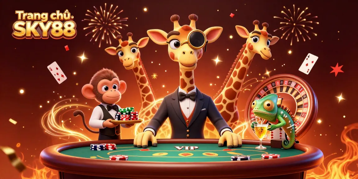 Win big at Trang chủ SKY88 with 3D characters celebrating around a vibrant poker scene.
