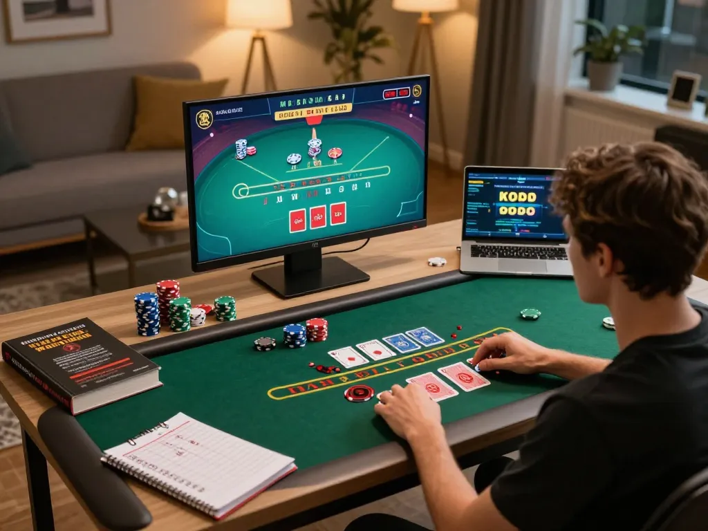 Person gaming at home with FUN79 online casino app, focused on blackjack strategy