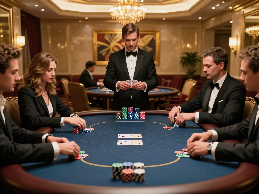 Players strategizing at a U888 vip poker table in an elegant casino setting, showcasing engaging gameplay.