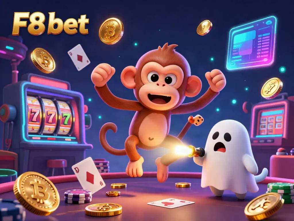 Engage with the F8 bet environment in a vibrant casino scene featuring a playful monkey and ghost-hunter puppy.