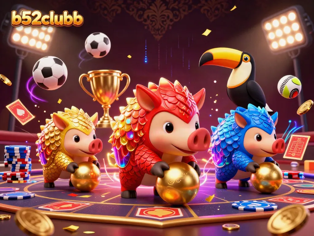 Engage in thrilling bets at b52clubb with dynamic pangolins amid poker chips and golden trophies.