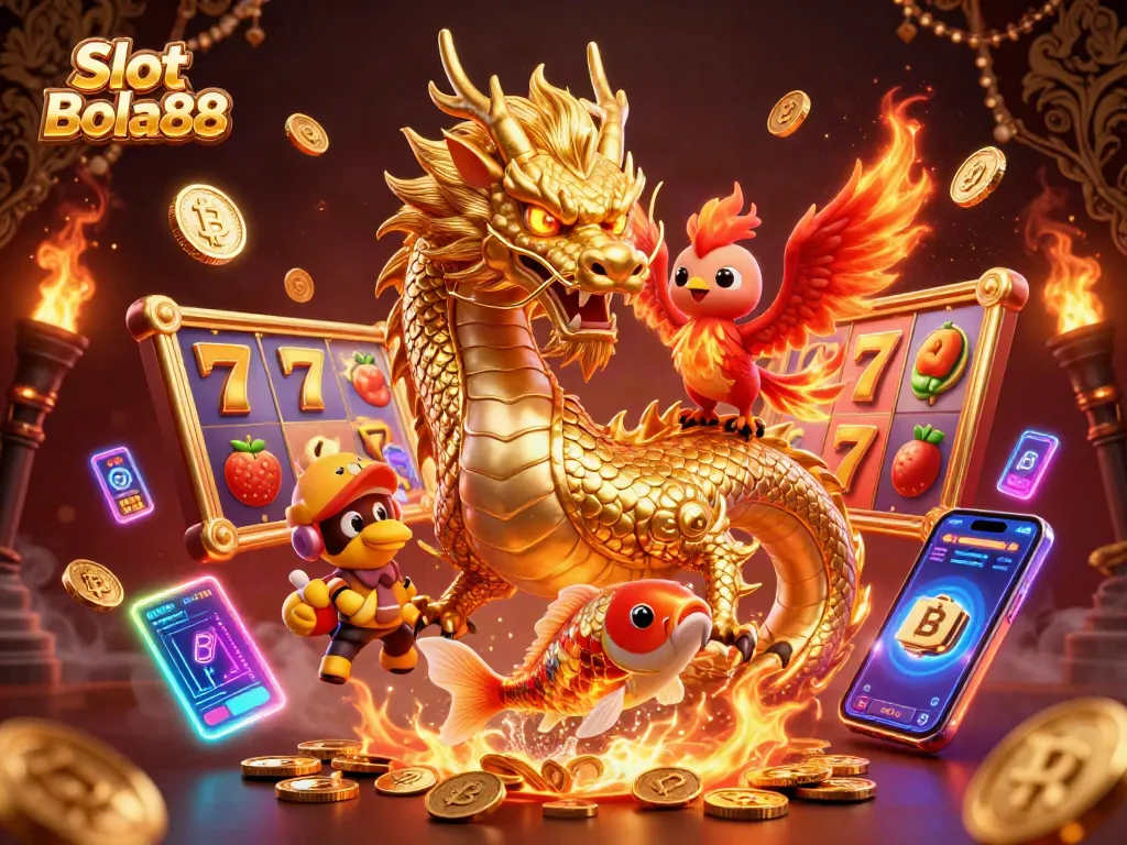 Engage with Slot Bola88 featuring a fierce Chinese dragon, a phoenix, and a koi fish amid vibrant slot reels.