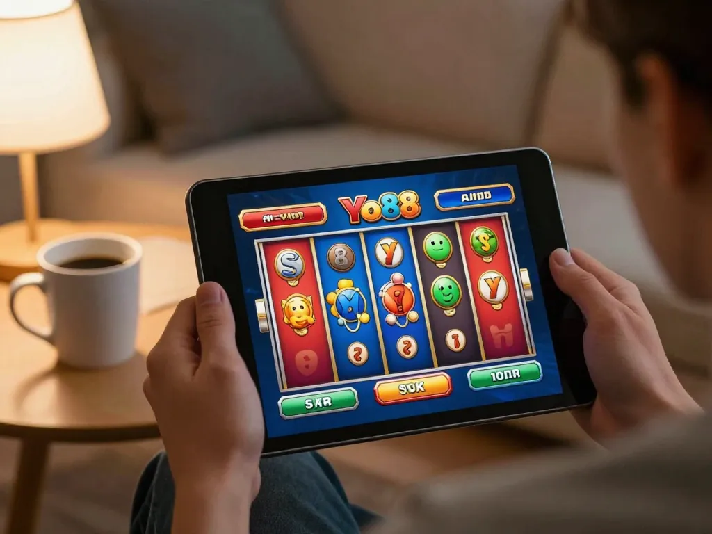Engaging gameplay on Yo88 slot game via tablet, showcasing a relaxed home setting.