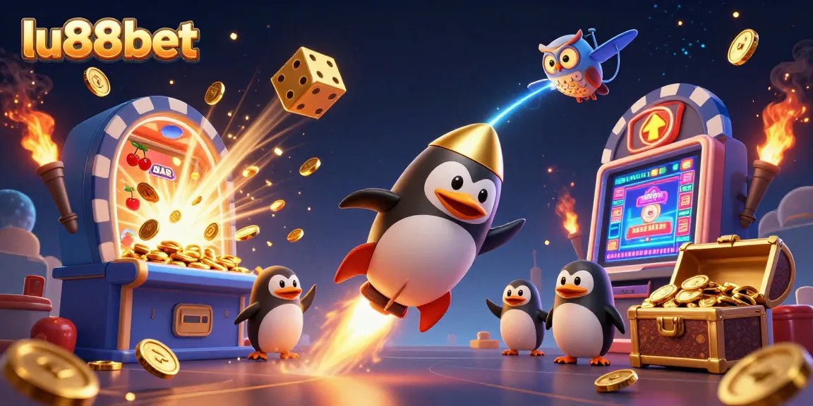 Play thrilling games at lu88bet with a golden penguin racing towards a jackpot in a vibrant casino scene.