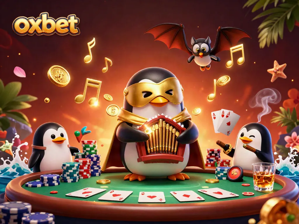 Experience excitement at oxbet with a penguin playing organ coins, acrobat, and poker action.