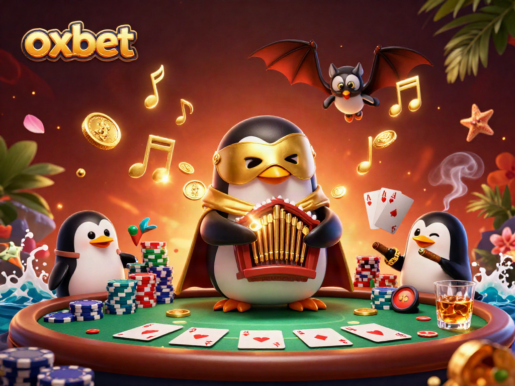 Experience excitement at oxbet with a penguin playing organ coins, acrobat, and poker action.