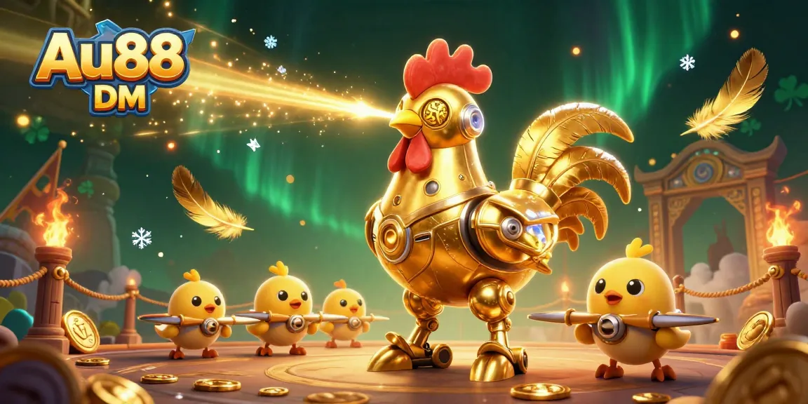 Engage in exciting gameplay with Au88 DM featuring a golden rooster robot amidst vibrant casino elements.