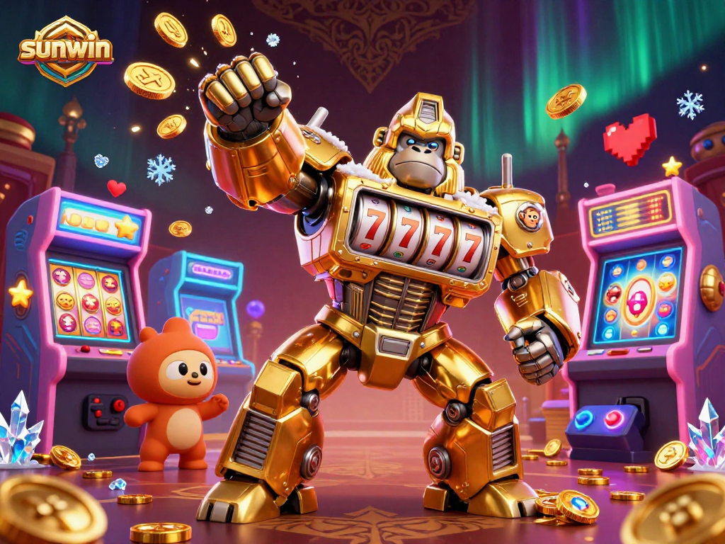Experience sunwin thrills with a 3D golden gorilla mech showcasing dynamic slot action and winning reels.