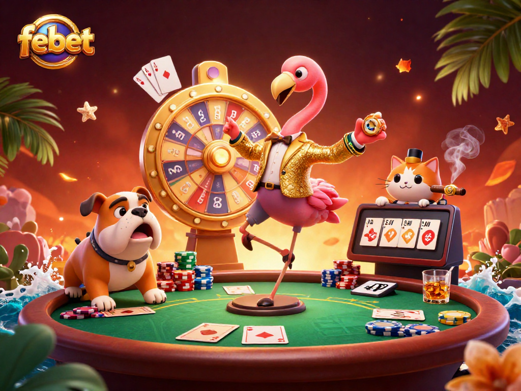 Spin the prize wheel with febet in a vibrant casino scene featuring poker elements and animated characters.