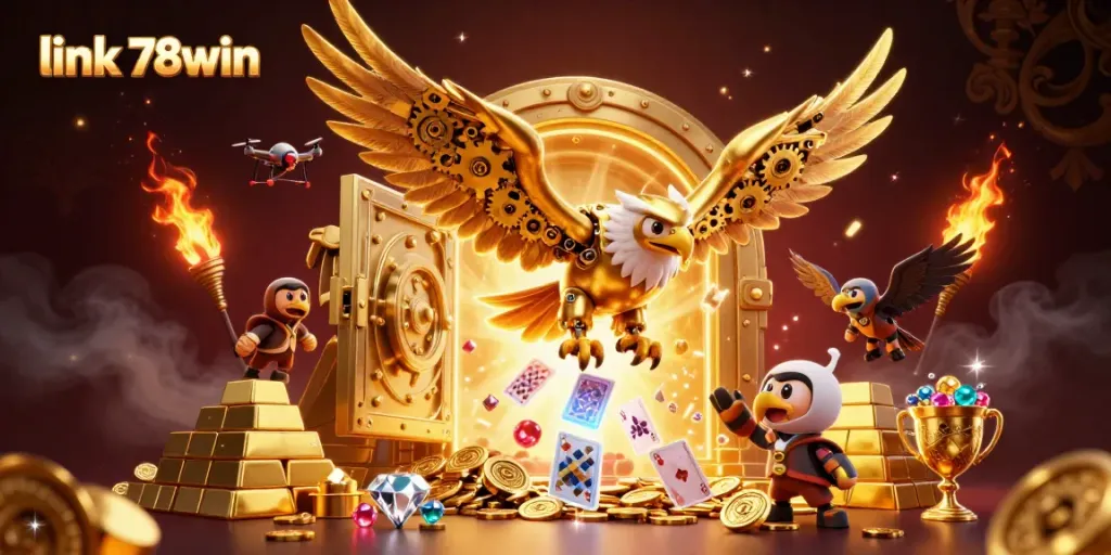 Engage with the exhilarating link 78win, where a cybernetic eagle and falcon wingmen soar through a treasure-laden casino.