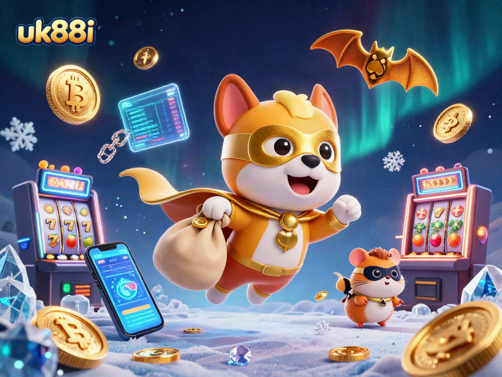 uk88i showcases thrilling online casino adventures with a superhero dog and vibrant slot elements.