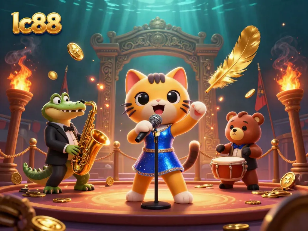 Engage with exciting gameplay at lc88, featuring a lively scene of a singing cat and musical friends in a vibrant casino atmosphere.