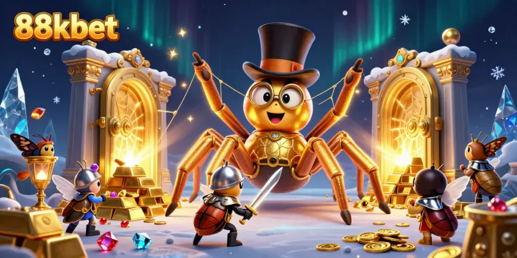 Engage with 88kbet's vibrant casino scene featuring a daring beetle knight beside a golden tarantula.
