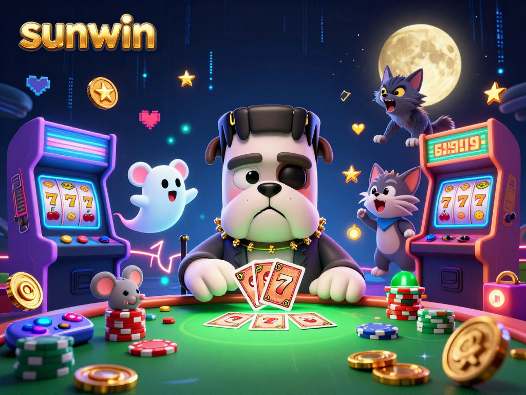 sunwin casino scene featuring a bulldog monster dealing cards and werewolf kitten howling.