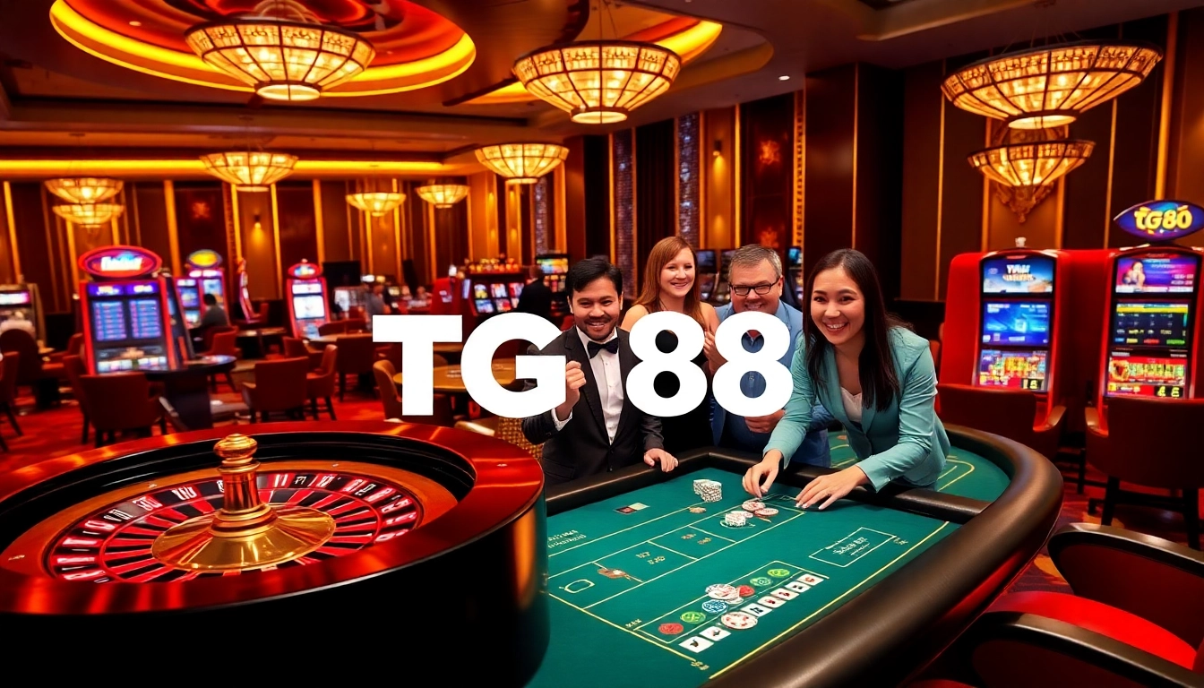 Players engaging in glamorous gambling actions at tg88 trang chủ casino, featuring roulette and slot machines.