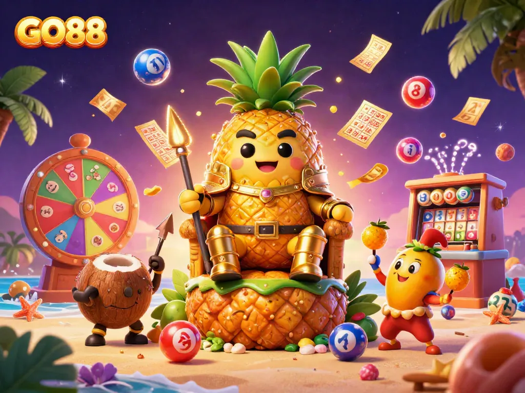Engage with GO88's vibrant casino scene featuring a golden pineapple king and dynamic game elements.