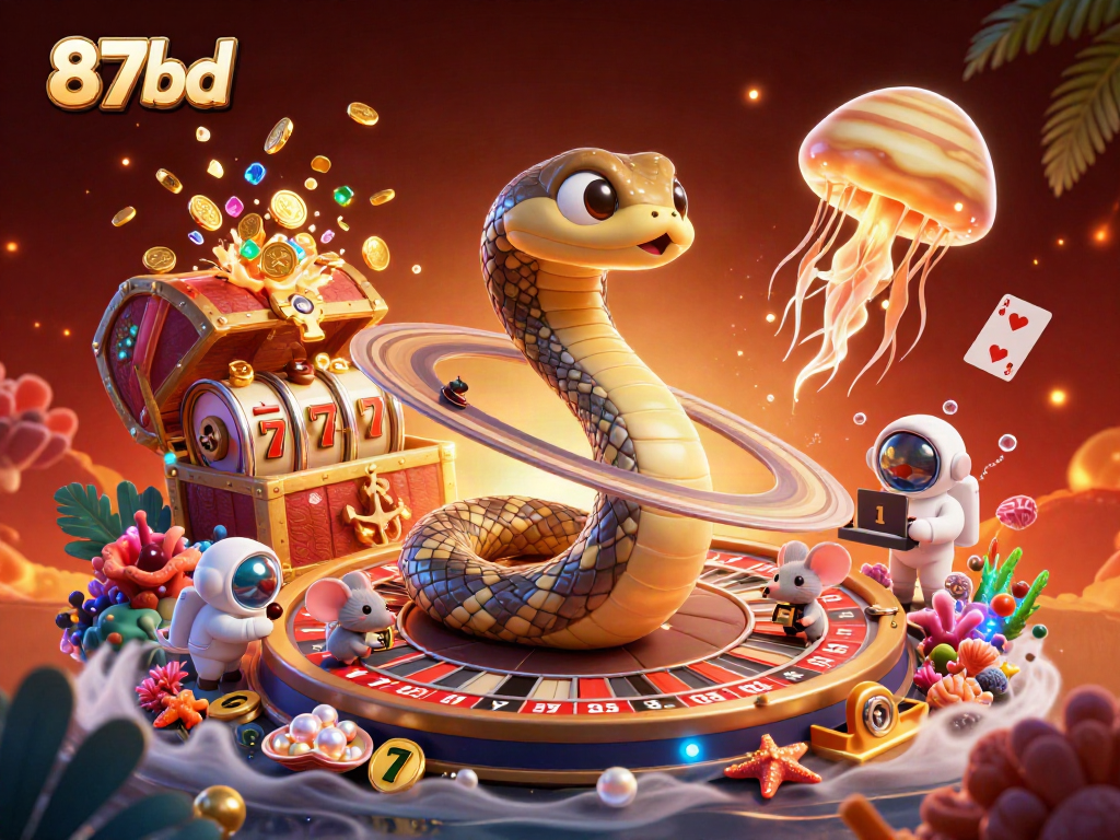 Engage in cosmic roulette with 87bd's vibrant gaming scene featuring animated characters.