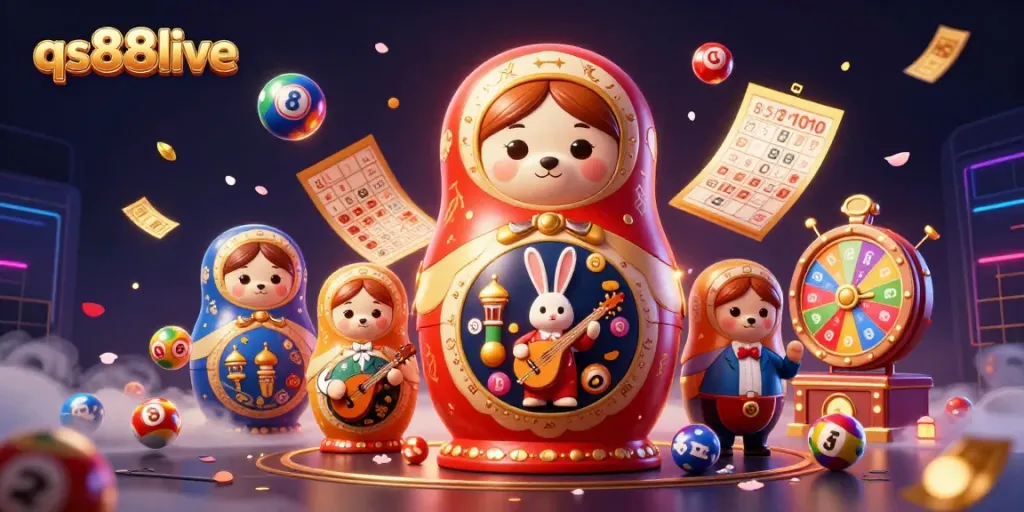 Experience qs88live's vibrant lottery scene with dynamic casino elements and charming characters.