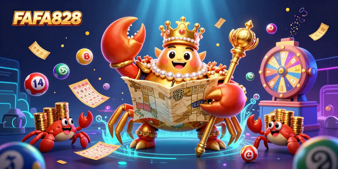 Engage with FAFA828 through vibrant lottery elements and the majestic crab emperor.