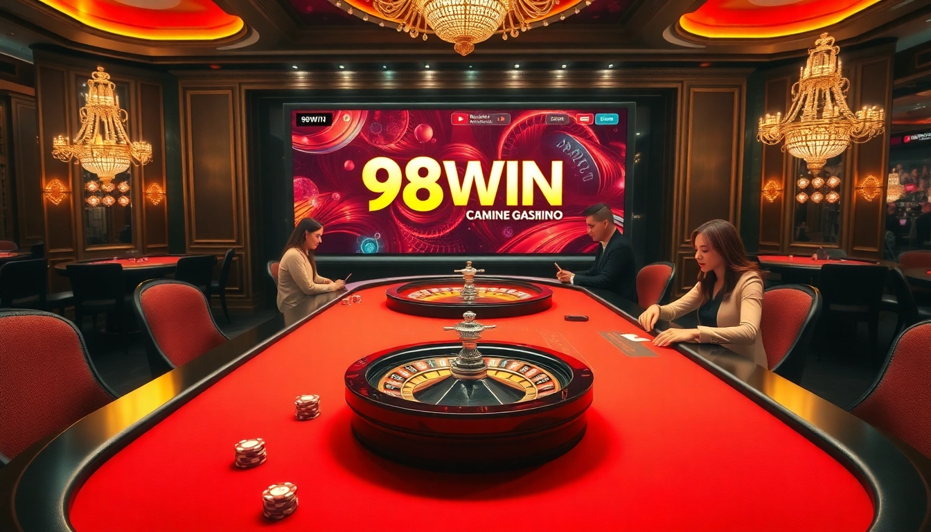 Experience thrilling gameplay at 98WIN's vibrant casino tables with poker chips and roulette wheels.