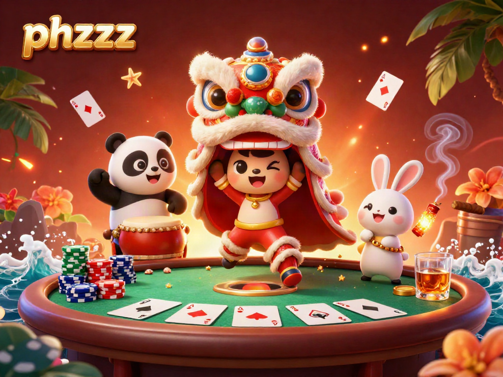 Experience thrills with phzzz in a vibrant casino scene featuring a lion dance and poker elements.
